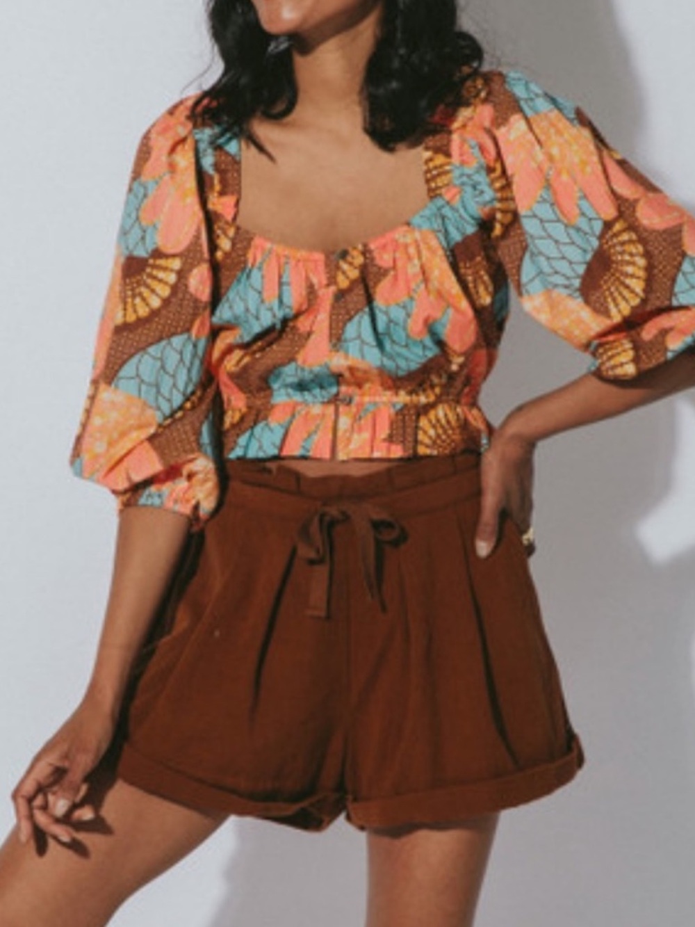 Cleobella Organic Cotton Floral Puff Sleeve Cropped Button Front Top